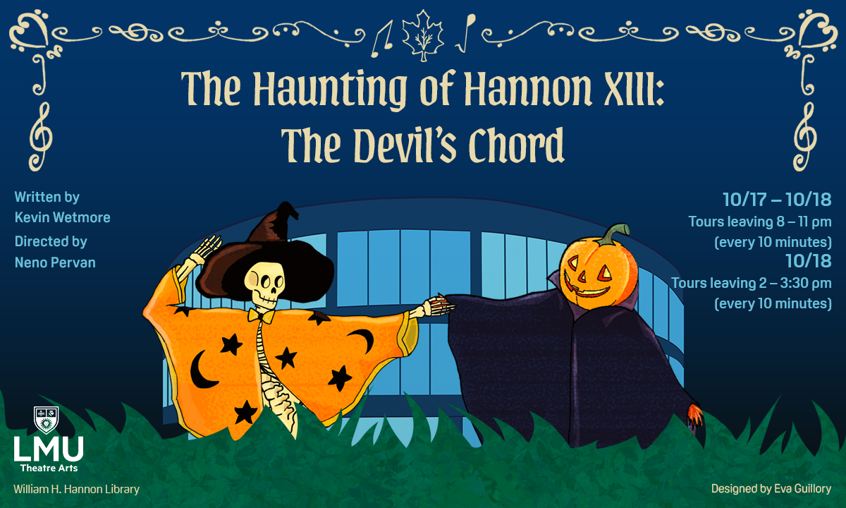 A skeleton and a jackolantern holding hands in front of the library